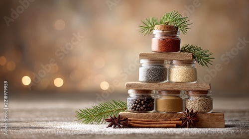 Festive spice jar pyramid with christmas tree branches and warm bokeh background