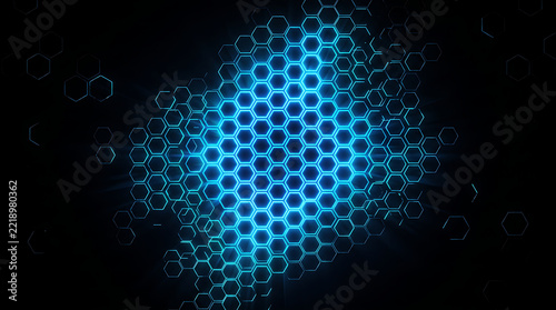 Abstract background with glowing blue hexagonal pattern and digital honeycomb structure on black