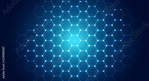 Abstract technology background with glowing blue hexagon pattern and connected digital nodes