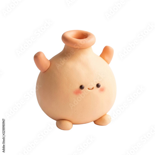 Cute clay character, a smiling pot with arms and legs, on black background, vector art