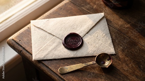 Linen envelope with wax seal and brass melting spoon on rustic wooden
