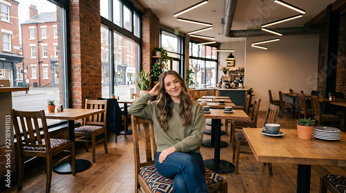 Smiling young woman sitting at a table in a modern cozy cafe interior with brick walls and city view