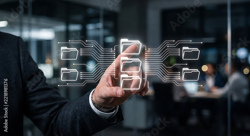 Business Professional Touching Virtual Interface for Digital File Management and Data Organization Systems