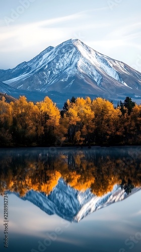 Snow-capped mountain reflected in calm lake, autumn forest, sunrise