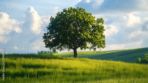 Solitary tree standing in a vast green meadow under blue sky