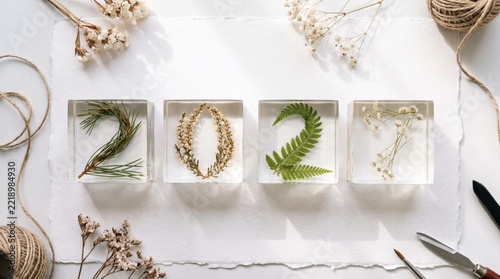 2027 new year greeting card with resin cubes containing dried flowers