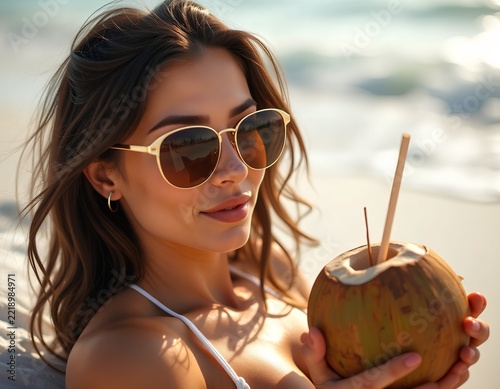 A young dark-haired woman on the beach, wearing dark sunglasses and holding a cocktail in a coconut