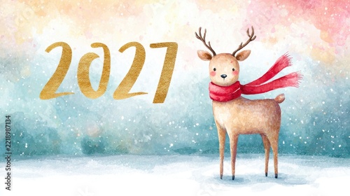 Festive reindeer with scarf celebrates holiday season 2021 with sparkling snow and stars