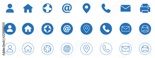 Blue contact and communication icons including user, home, web, email, location, phone and printer symbols in solid, filled circle, and outlined circle styles