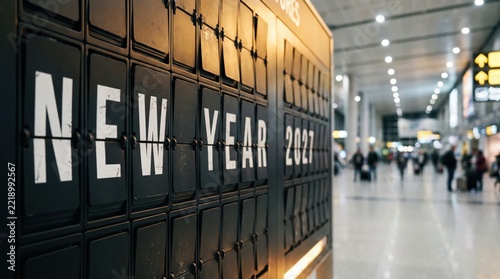 Split flap departure board displaying new year 2027 message in a busy