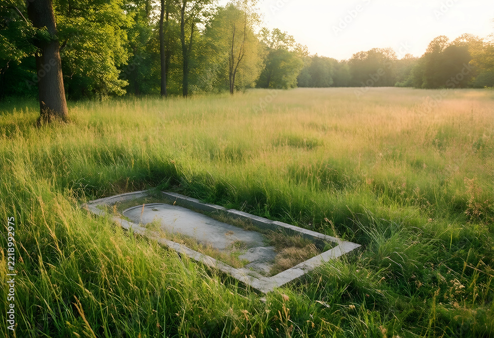 Fototapeta premium Legacy and remembrance concept, old stone grave marker in overgrown meadow at sunset, historical heritage and mortality in a peaceful rural landscape