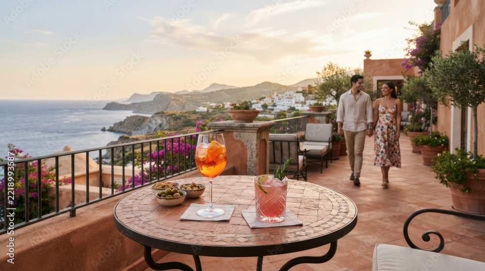 Fototapeta premium Couple walking on a Mediterranean terrace at sunset with cocktails on a mosaic bistro table