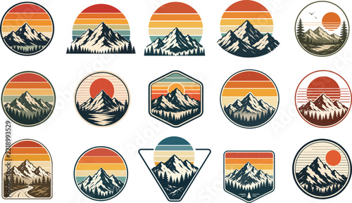Vintage Mountain and Retro Sun T-Shirt Vector Design Set on White Background