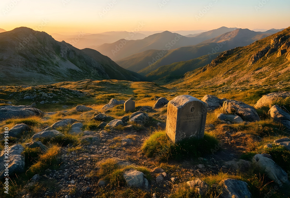 Fototapeta premium Solitude and mindfulness in nature, ancient stone marker on a mountain trail at sunset with golden hour light over a vast wilderness landscape horizon