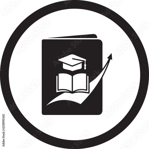 Monochrome vector icon of a graduation cap on an open book with an upward-pointing arrow, isolated on a transparent background, within a black circular frame.