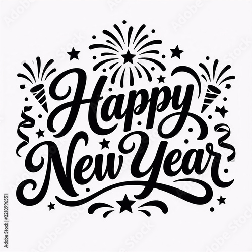Happy New Year black typography design with fireworks and confetti