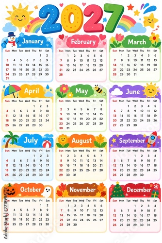 2027 Colorful Kids Wall Calendar with Cute Cartoon Illustrations, Monthly Planner Template. 