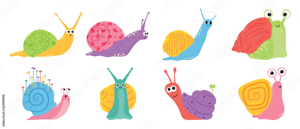 Fototapeta premium Cute Colorful Snails Vector Cartoon Collection with Spiral Shells