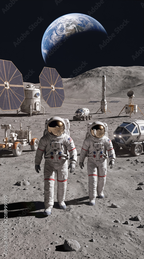 Fototapeta premium Explorers in spacesuits walking on lunar surface with planet Earth in background. Future colony base with rovers and solar panels on moon landscape.