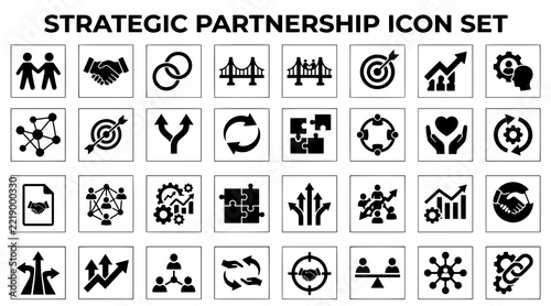 Strategic partnership business icon set for corporate collaboration