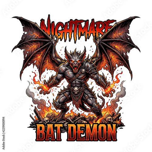 Terrifying muscular bat demon surrounded by fire and skulls. Dark fantasy illustration graphic for heavy metal apparel.