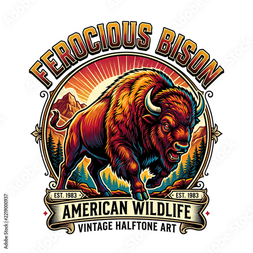 Vintage halftone illustration of a ferocious American bison with intense eyes and sharp horns, framed by a retro sun and forest.