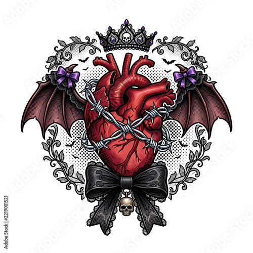 Anatomical human heart wrapped in barbed wire with bat wings, crown, lace, and bow for gothic romance.