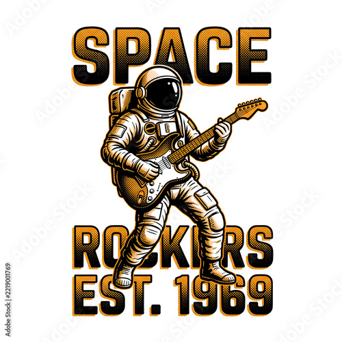 Astronaut rocker playing an electric guitar in outer space with vintage retro pop art typography badge.