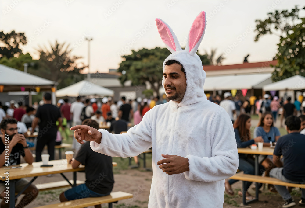 Fototapeta premium Easter celebration and holiday event, man in white bunny costume pointing at outdoor community gathering with people sitting at picnic tables in park