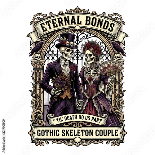 Gothic skeleton couple illustration in vintage wedding attire with skulls, crows, and ornate framing, titled 