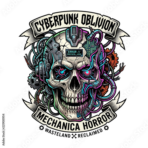 Cyberpunk robot skull with exposed wiring, glowing neon components, digital error readout, and mechanical gear framing.
