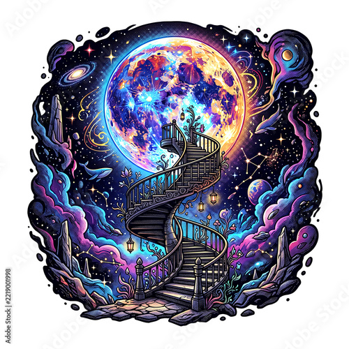Magical cosmic staircase leading to a glowing colorful moon surrounded by stars, galaxies, and space nebulae.