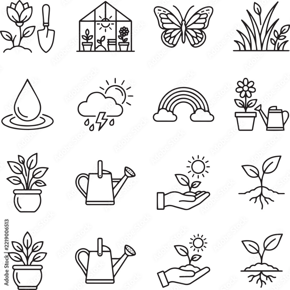 Fototapeta premium Gardening and nature line art icons set for spring planting and