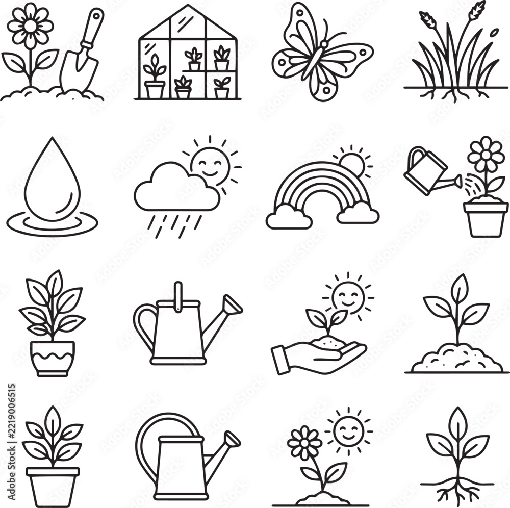 Fototapeta premium Gardening and spring nature line art icons set for agriculture and
