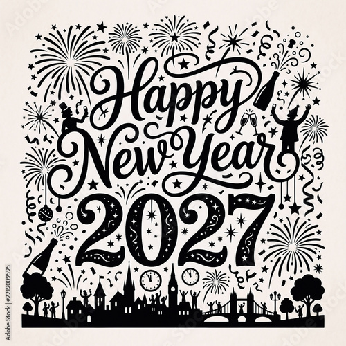 Happy New Year 2027 typography design with fireworks and celebration