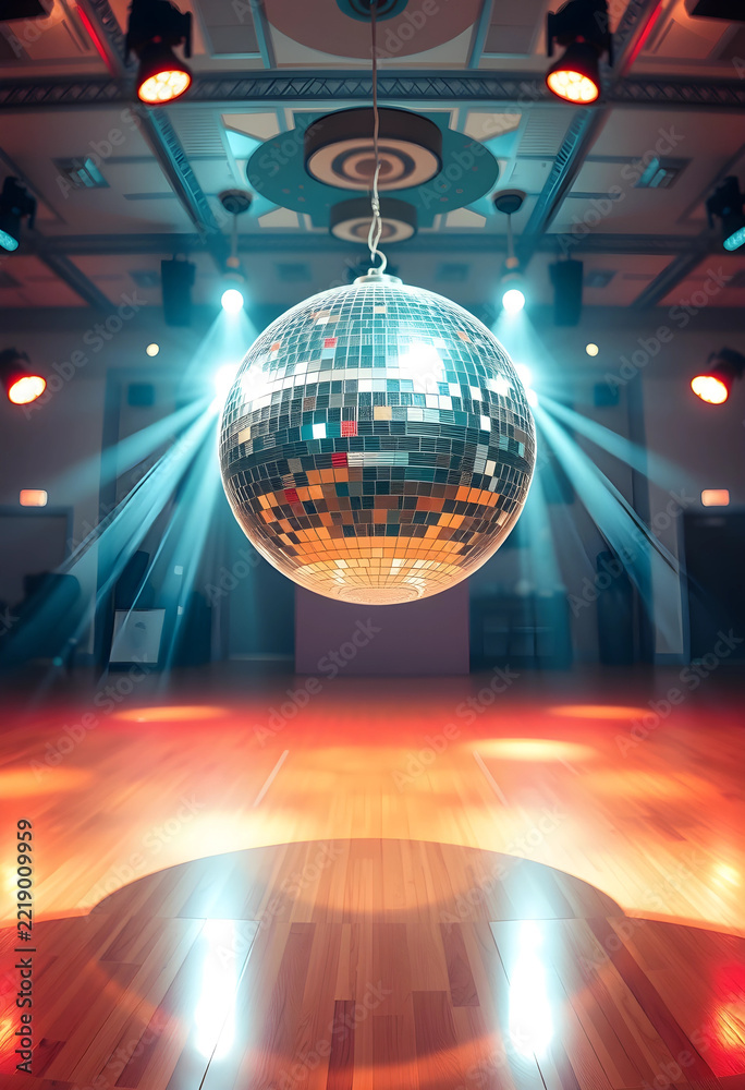 Fototapeta premium Nightlife and party atmosphere, disco ball hanging in a dance hall with stage lighting and wooden floor for music events and celebration entertainment