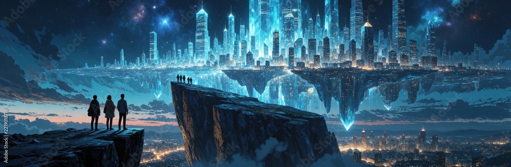 Fototapeta premium Group of people stand on cliff edge looking at futuristic floating city in night sky. Glowing skyscrapers hover above landscape with lights. People observe massive sci-fi metropolis over clouds.