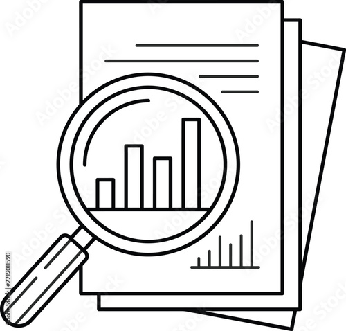 Business report audit under magnifying glass line icon for financial data analysis or marketing research presentation vector