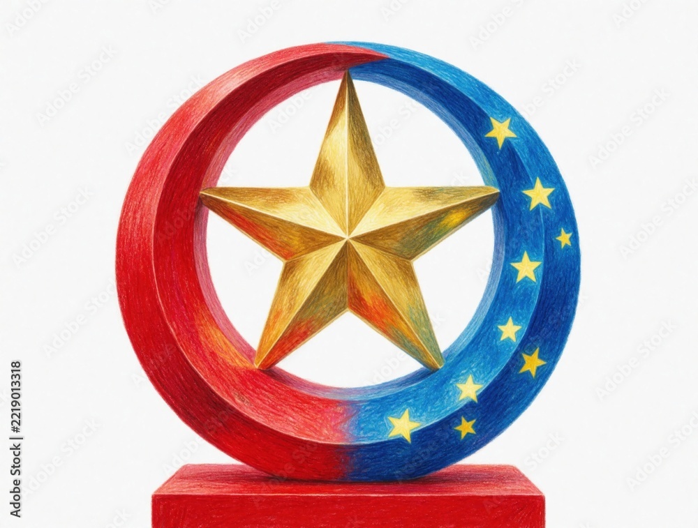 Fototapeta premium Abstract symbolic sculpture features golden star inside red, blue circle. Creative design represents unity, harmony, connection between nations. Artistic illustration shows celestial elements like