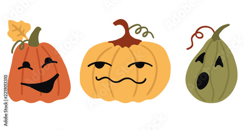 cute halloween pumpkin characters with funny faces and autumn leaves, hand drawn autumn harvest illustration on white background, festive fall decoration concept of halloween, seasonal greeting design