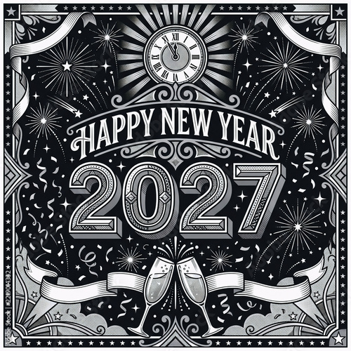 Vintage happy new year 2027 greeting card design with fireworks and
