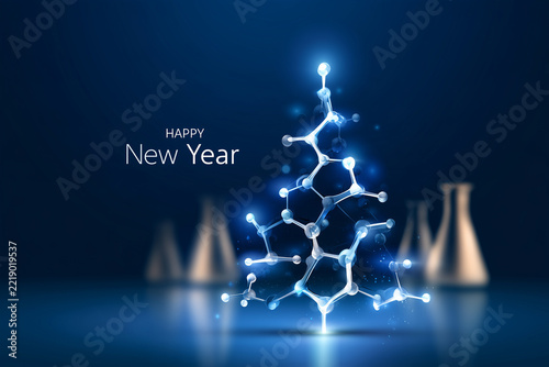 Happy New Year Molecular Science Concept with Glowing Chemical Structures and Laboratory Glassware. Christmas car, new year card for chemical industry. New Year celebrations, chemistry, scientific inn