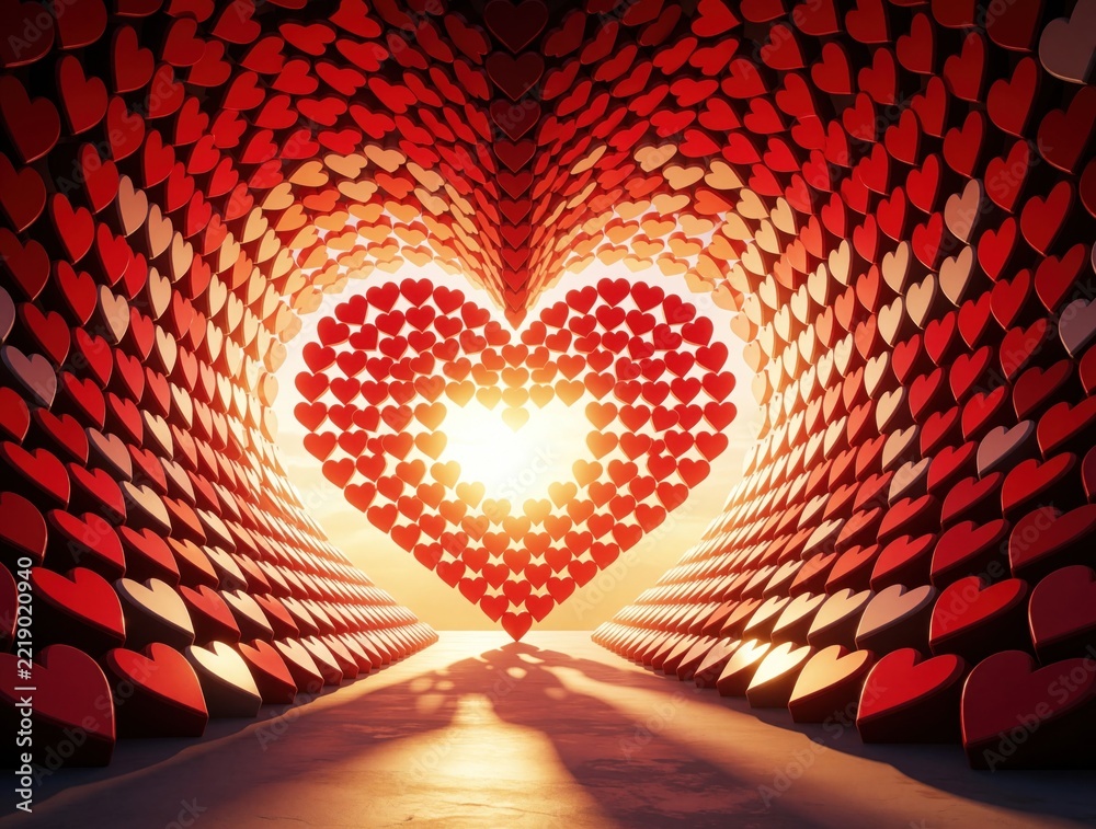 Fototapeta premium Abstract 3D mosaic tunnel made of many small red hearts. Glowing golden light shines through central heart shape creating warm atmosphere. Geometric pattern of romantic symbols forms tunnel walkway.