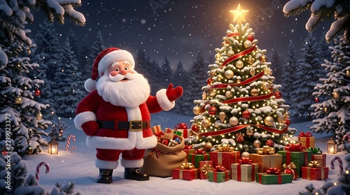 Santa Claus Standing Next to Decorated Christmas Tree in Snow