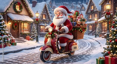 Santa Claus Riding Scooter with Gifts in Snow Village