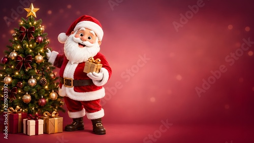 Santa Claus Holding Small Gift Box Near Christmas Tree