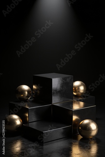 Luxury Black Friday Abstract Background with Glossy Black Blocks and Gold Spheres