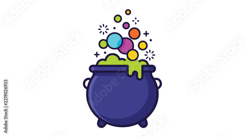 Magical witchcraft cauldron with bubbling green potion and colorful glowing magic bubbles floating up inside vector graphic