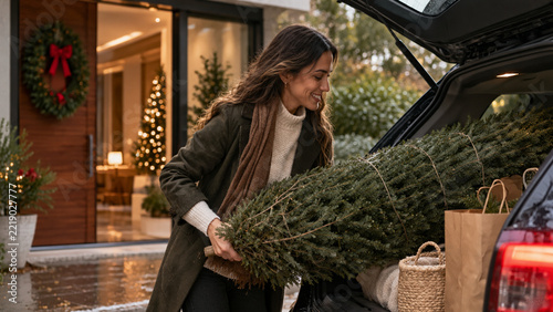 Woman Loading a Fresh Christmas Tree into a Car for Holiday Travel