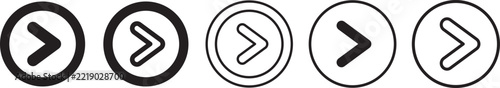 Right arrow and chevron circle icon set. Solid, outline, double-bordered navigation symbols, next buttons, direction pointers, and badge collection